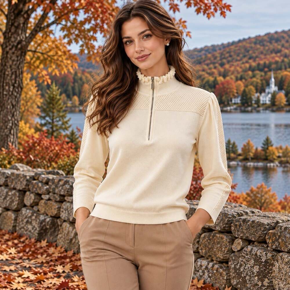 ba&sh Suzanne Sweater Women’s M Ecru Lace Mock Neck Gold Zip Textured Knit